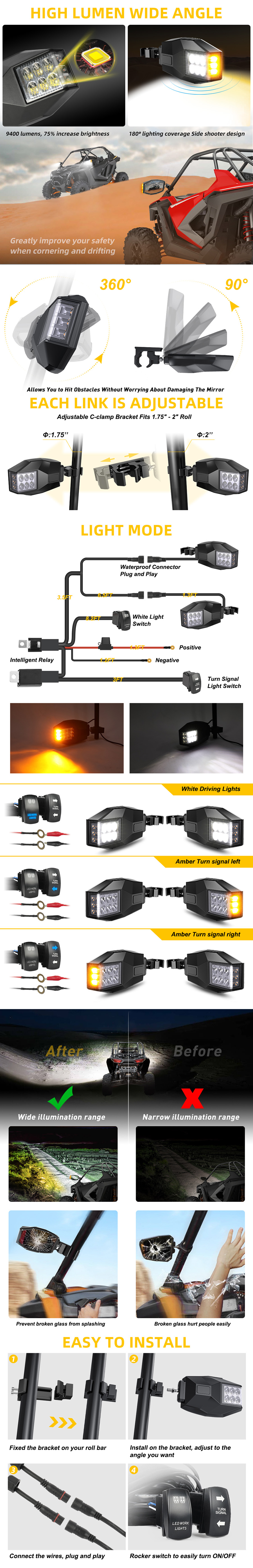 Espelhos laterais UTV com especifica&ccedil;&otilde;es de luzes LED
