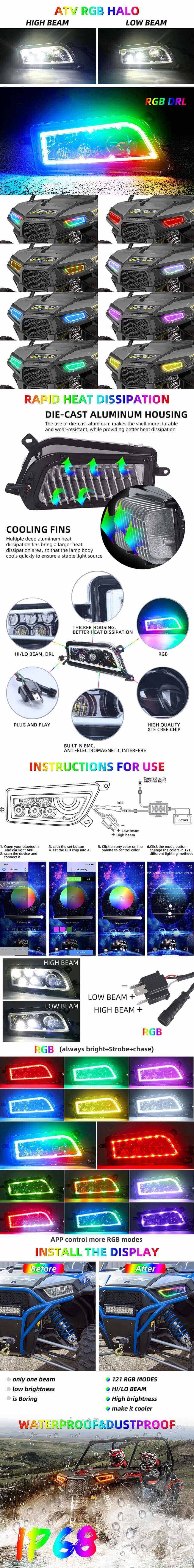 Far&oacute;is Polaris RZR ATV com vantagens RGB Halo Ring JG-R001-R