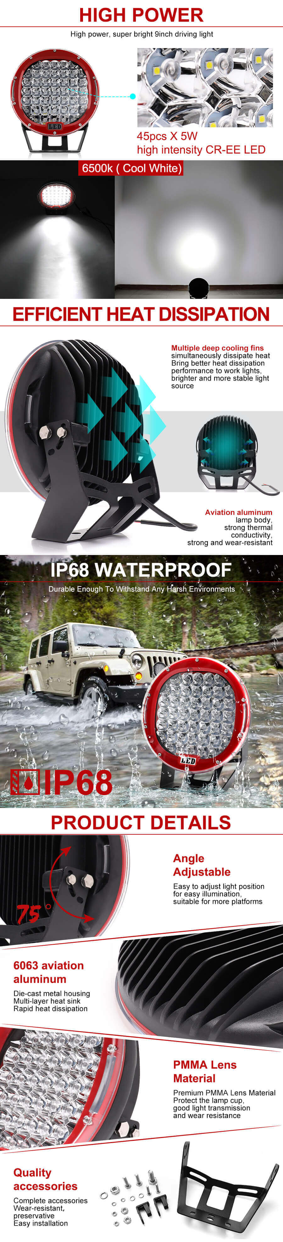 9 polegadas 225W LED LIGHT LIGHT JG-903 VANTAGENS