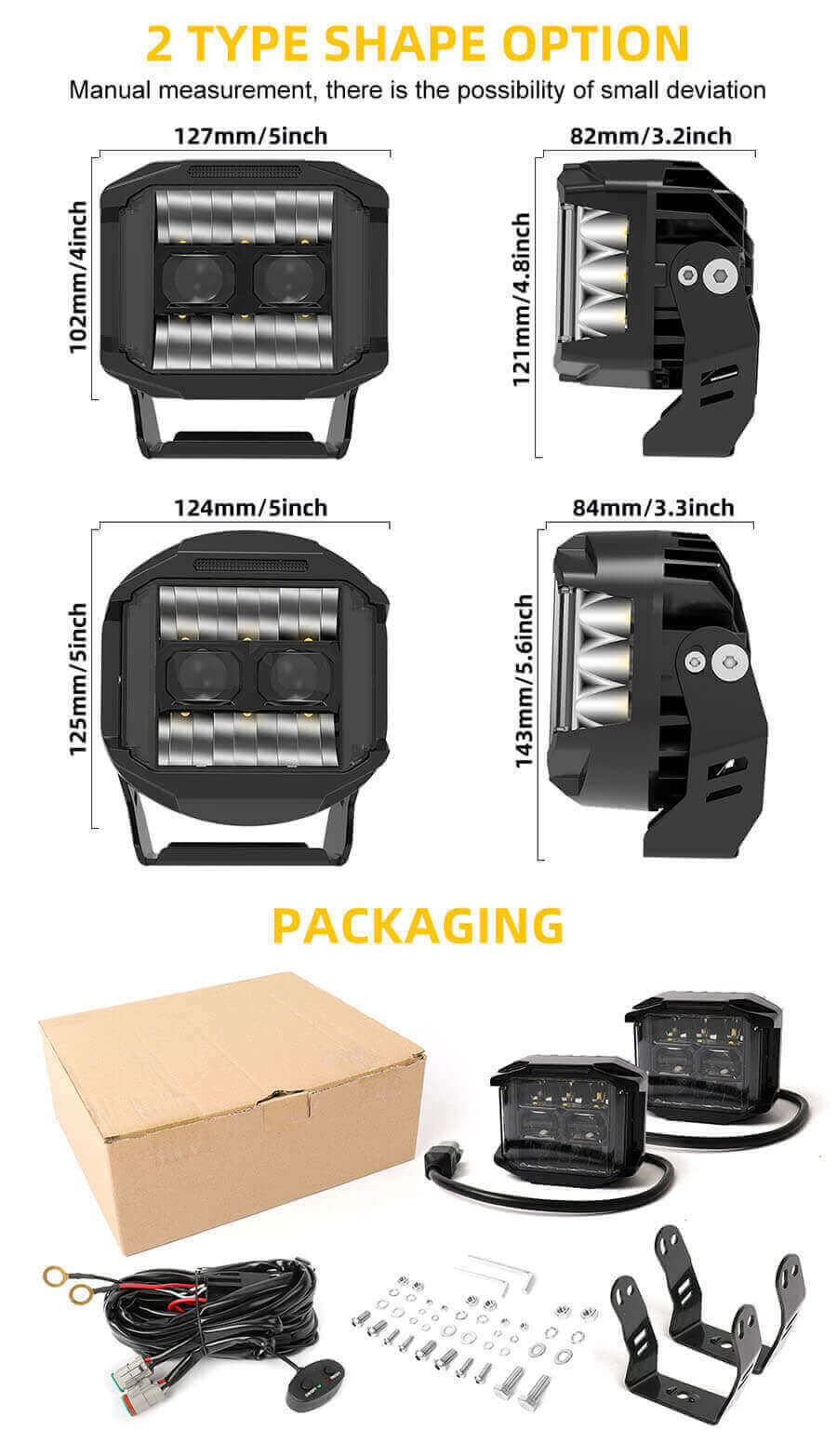 Sidewinder Combo Beam LED PODS com projetor JG-F996D-5-Package e tamanho