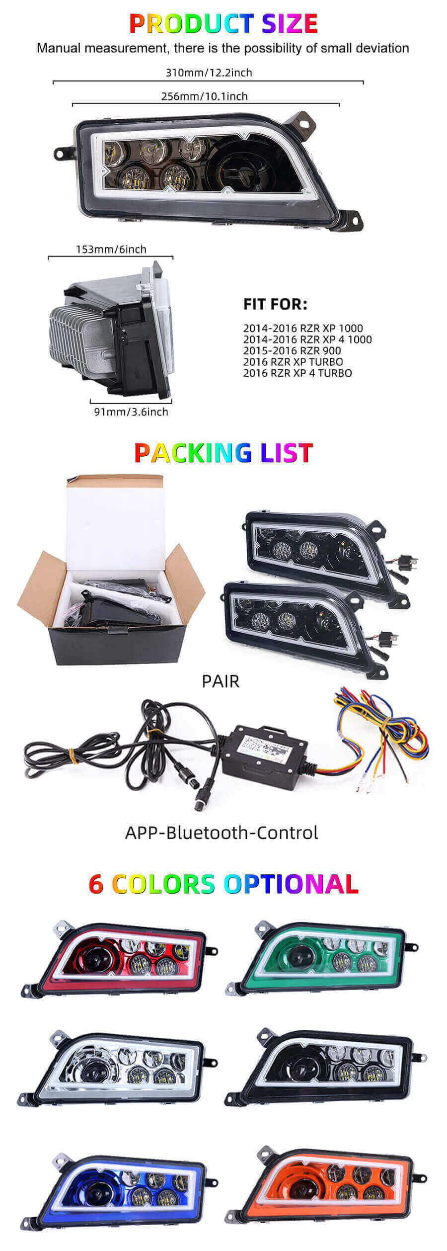 Far&oacute;is Polaris RZR ATV com rgb halo anel jg-r001-r tamanho