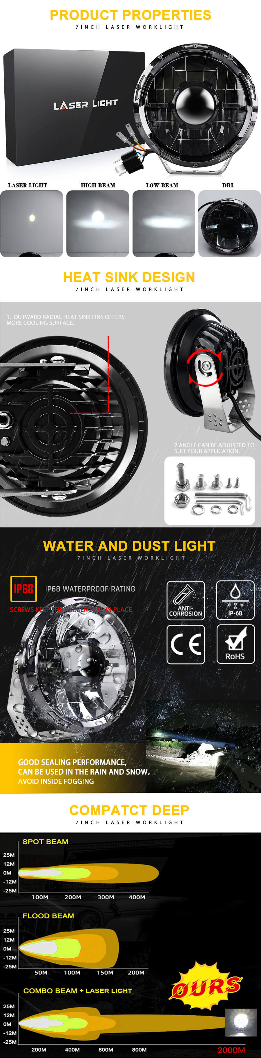 Luz de combina&ccedil;&atilde;o redonda de trabalho a laser de 7 polegadas para o Off Road SUV ATV JG-LJ001 Vantagens