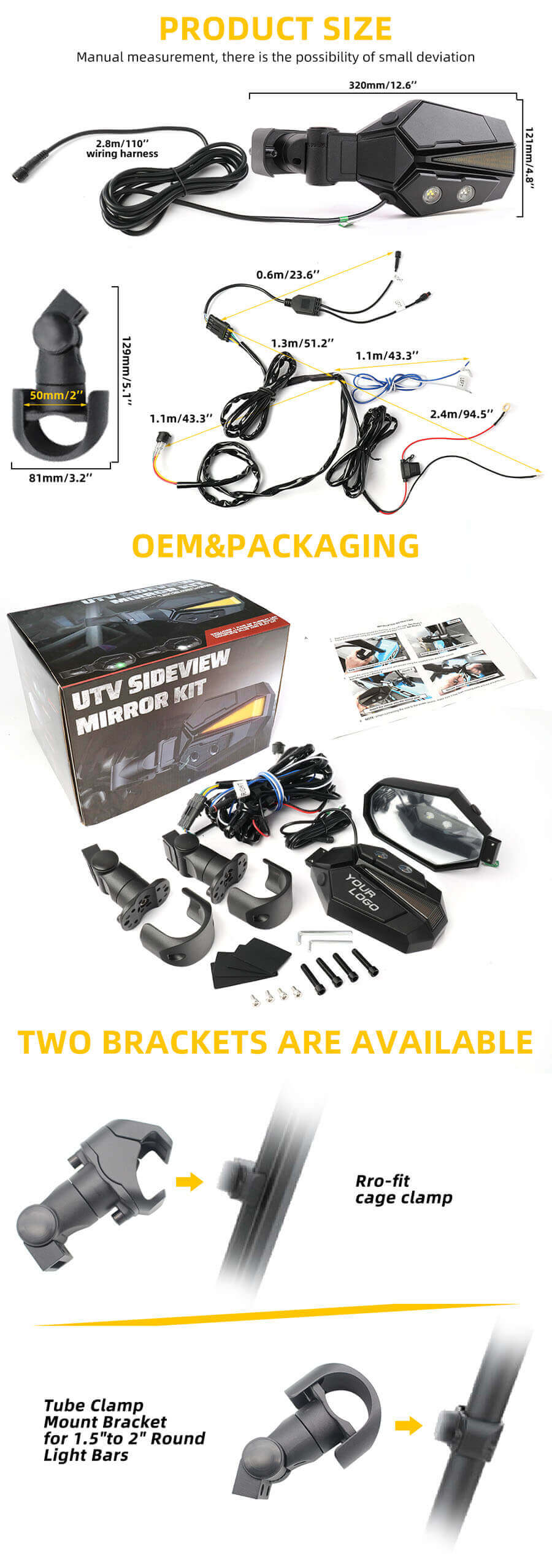 Espelho lateral de alum&iacute;nio ATVUTV com luzes JZD-01-GWY Tamanho