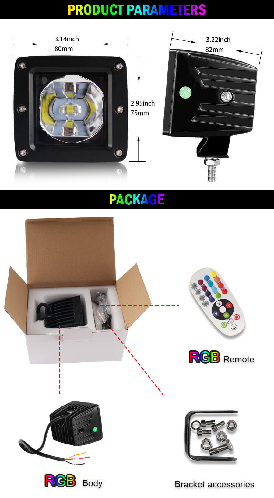 Vagens LED RGB de 3 polegadas para ve&iacute;culos fora da estrada JG-995R Tamanho