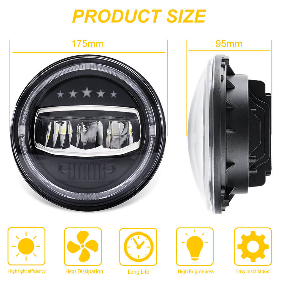 Farol de Pentagrama de 7 polegadas para Jeep Wrangler JG-J007 Pacote e tamanho