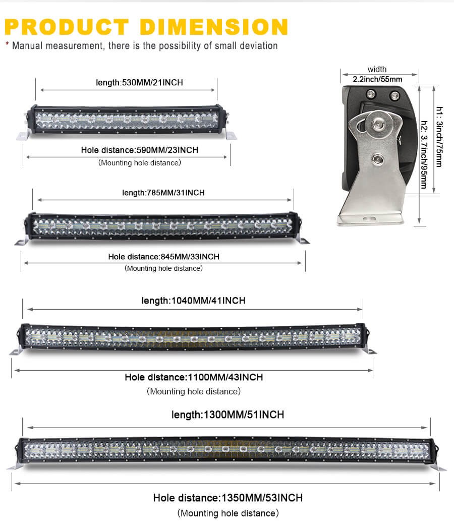 Barras de luz curvadas autom&aacute;ticas para caminh&otilde;es 9631T-C tamanho