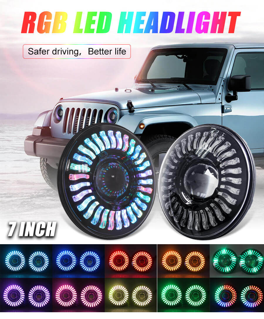 Dist&acirc;ncia 7 polegadas P&eacute;tala RGB Halo Anjo Olhos Jeep Feadlight JG-J008 Detalhes