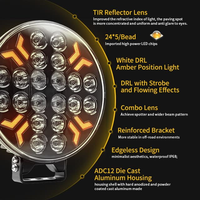 Refletor de caminhão de 9 polegadas e 260 W com luz de posição estroboscópica âmbar branca