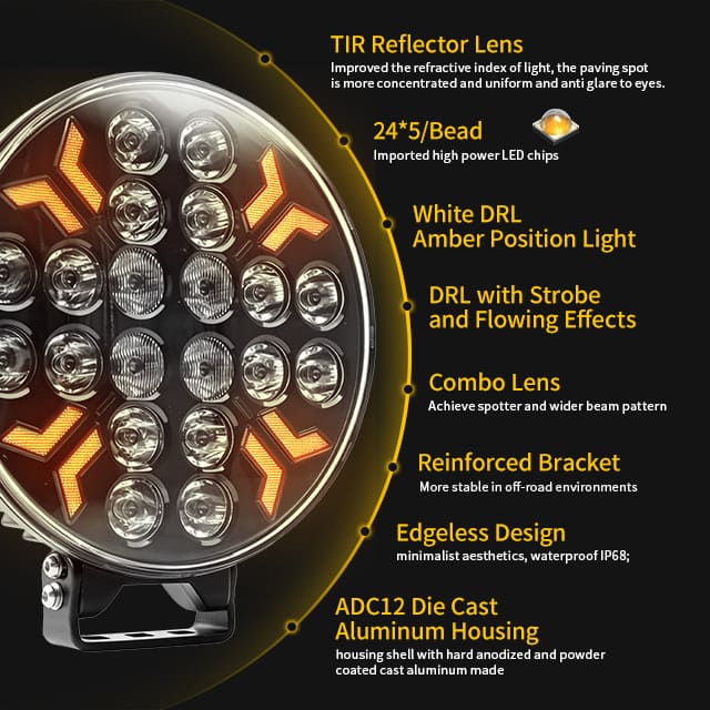 Refletor de caminhão de 9 polegadas e 260 W com luz de posição estroboscópica âmbar branca