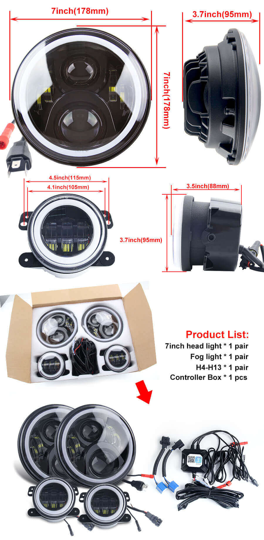 RGB Halo Anel Wrangler farol e kit de luz de nevoeiro JG-JT02