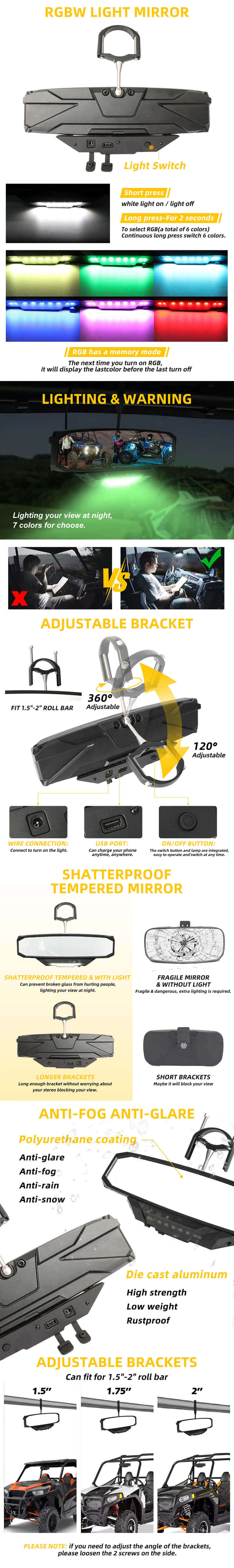 RGB UTV Center Retrocompendo espelho JG-JZD-12L Vantagens