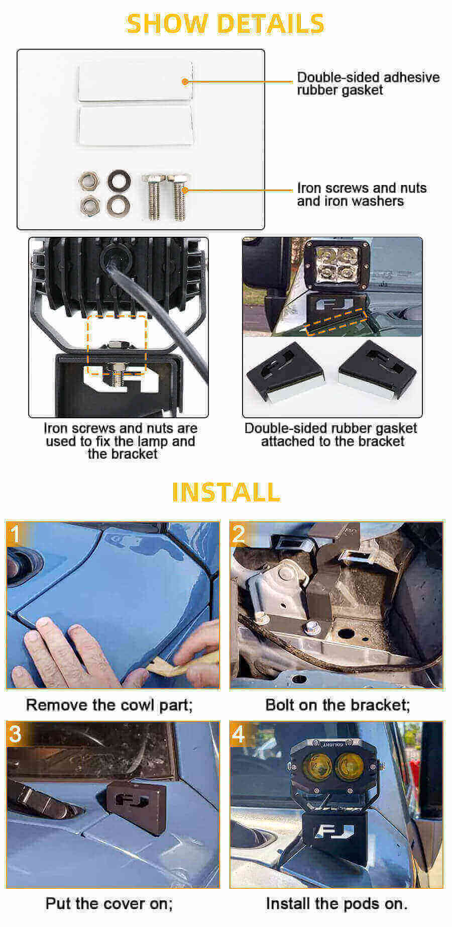 Toyota FJ Cruiser 2007-2016 Capuz Luzes de Ditch Brackets JG-FT-007 Vantagens