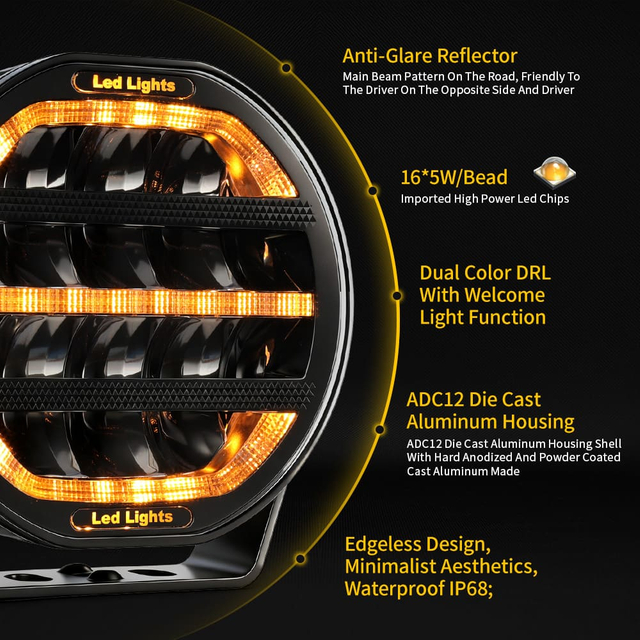 Luz de direção de 7 polegadas com luz de posição dinâmica branca e âmbar-901V-CG-16