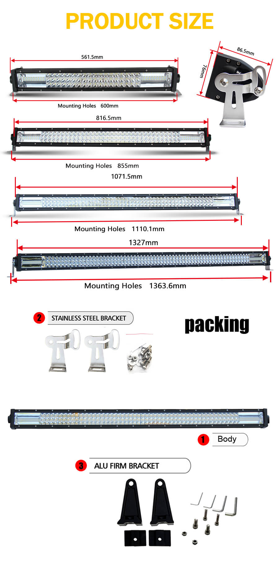 Fornecedor de barra de luz LED da linha tripla JG-9631 Tamanho