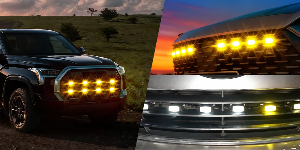 caminh&atilde;o off-road instalado com luz de grade &acirc;mbar e luzes de dire&ccedil;&atilde;o LED brancas para seguran&ccedil;a noturna