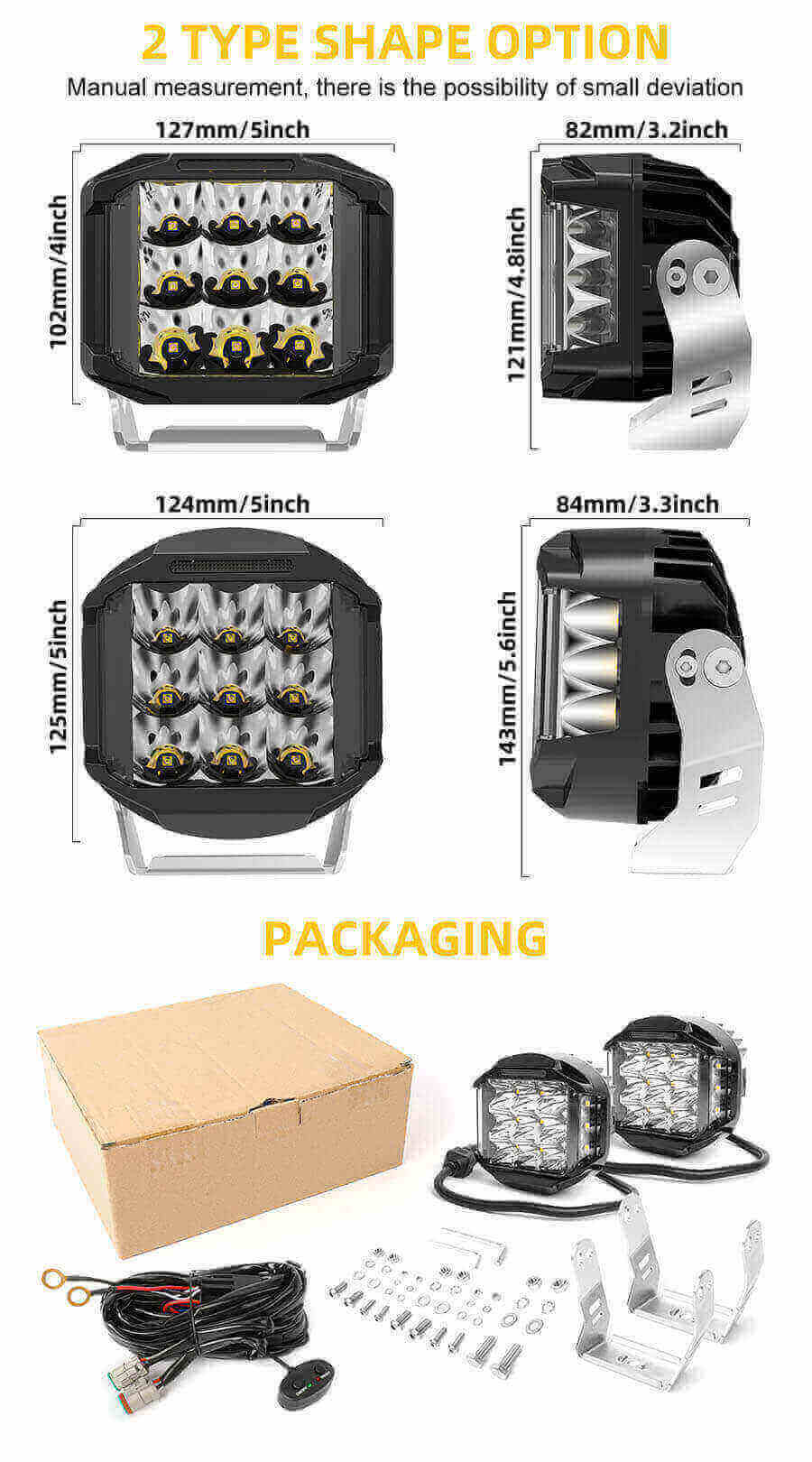 5 polegadas de atirador lateral Spotlight JG-F996-5 Pacote e tamanhos