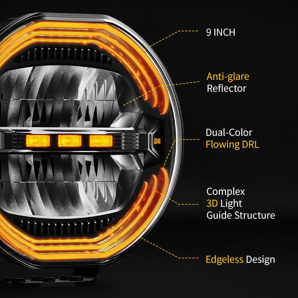 Luz de condução redonda anti-reflexo de 9 polegadas com branco e âmbar DRL-D091-6