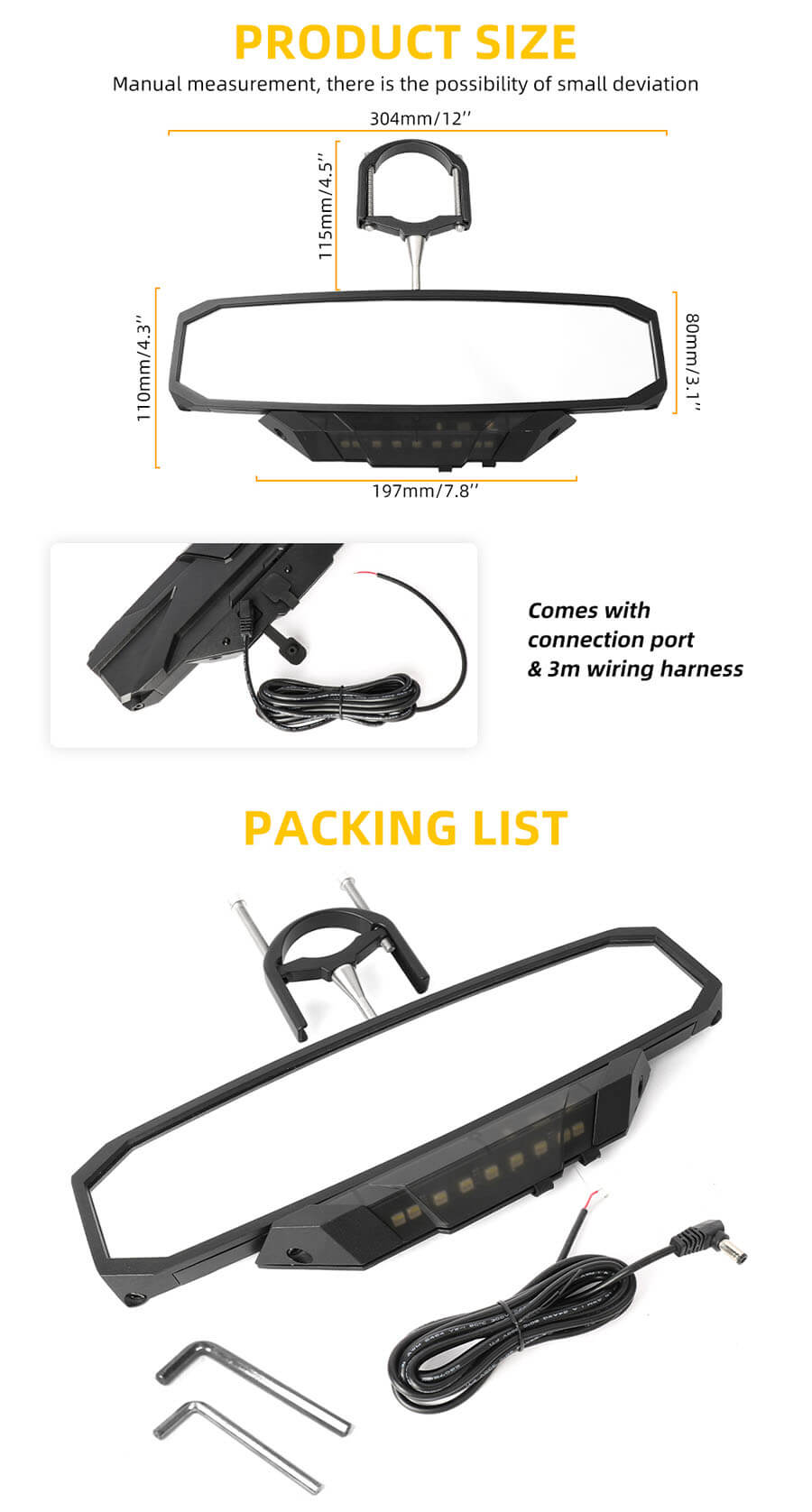 RGB UTV Center Retrocompendo espelho JG-JZD-12L Tamanho