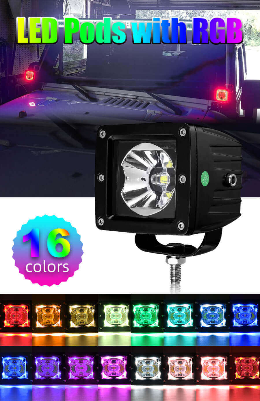 Vagens LED RGB de 3 polegadas para ve&iacute;culos fora da estrada JG-995R Detalhes