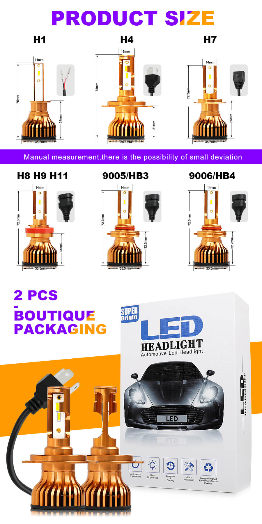 Todos Metal Buckle H4, H7, H13, h1 Led JG-F8 tamanho