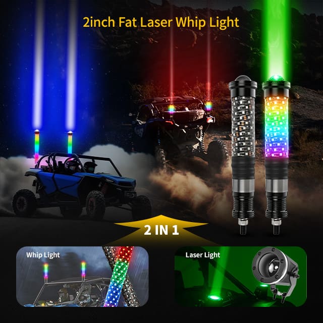 Luzes de chicote laser RGB gordurosas 2 em 1 para UTV