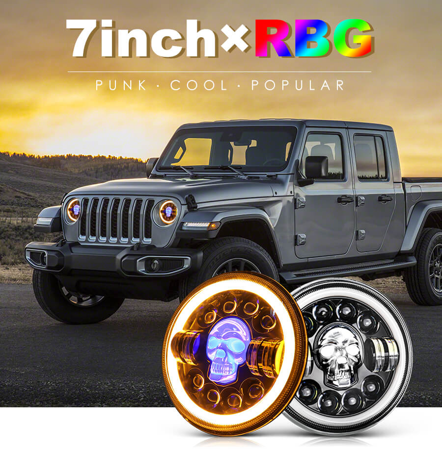 Detalhes do farol de LED de Skull RGB de 7 polegadas