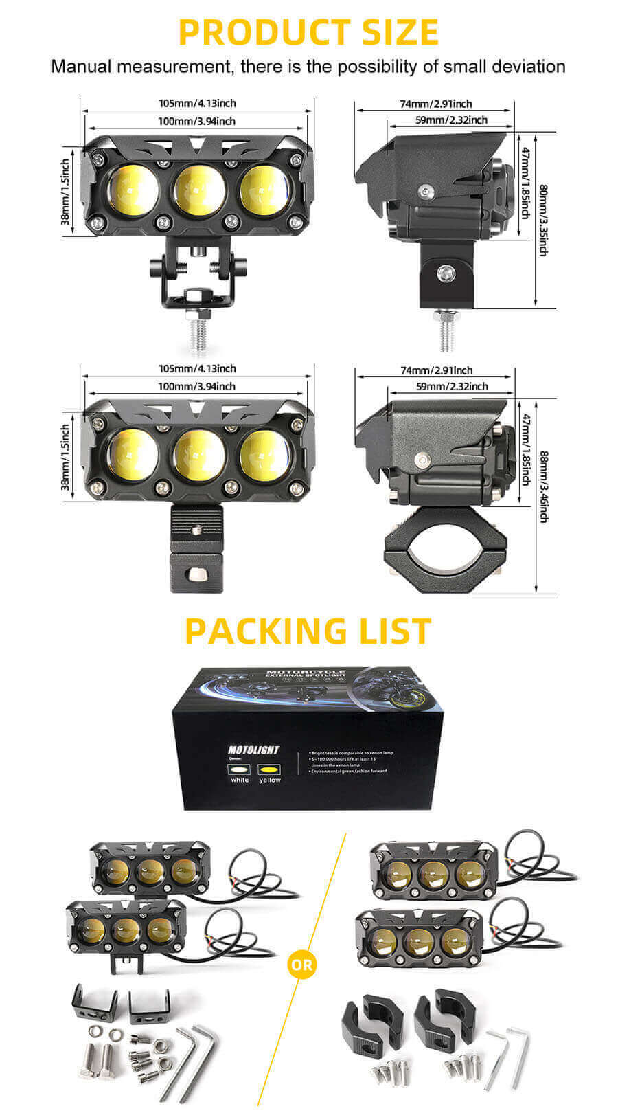 3 Lens de projetor Hilow Beam Auxiliar Luzes de condu&ccedil;&atilde;o JG-993-3HP Tamanho