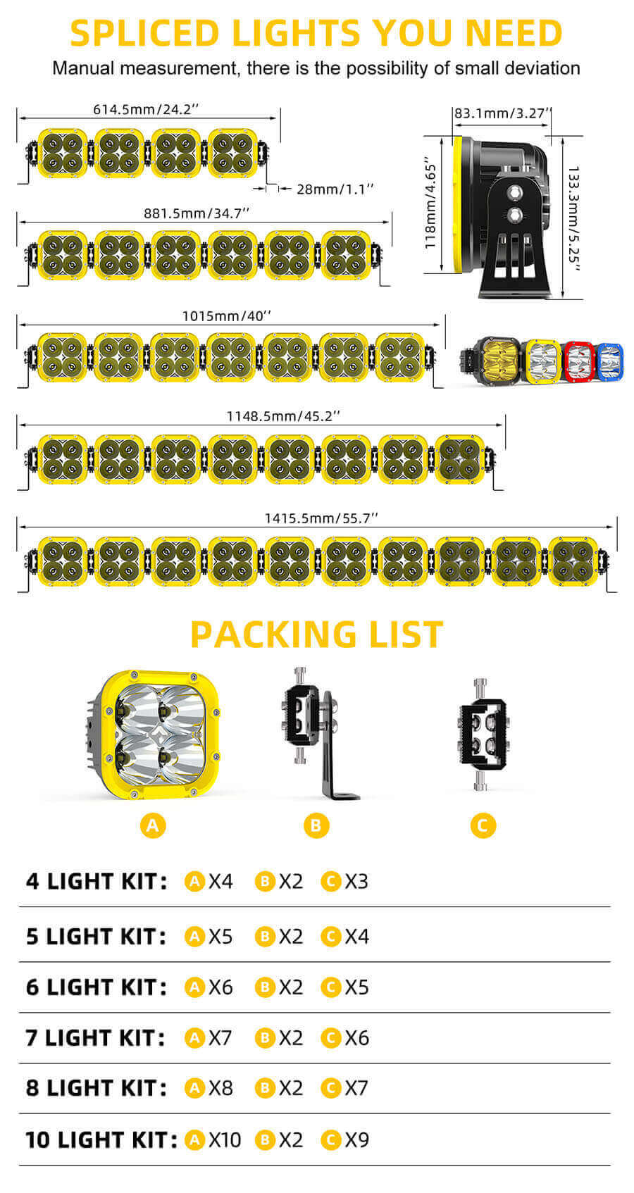 Sistema de barra de luz montada no teto de carro com holofotes quadrados 96-954Z Tamanho